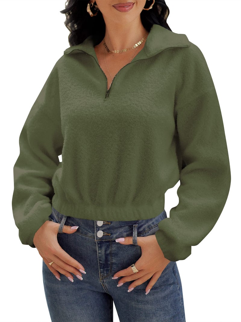 ZAFUL Women's Fashion Long Sleeve Lapel Half Zip Plain Faux Fur Sweatshirt Solid Color Crop Pullover Tops (0-Army Green,L) - Image 2